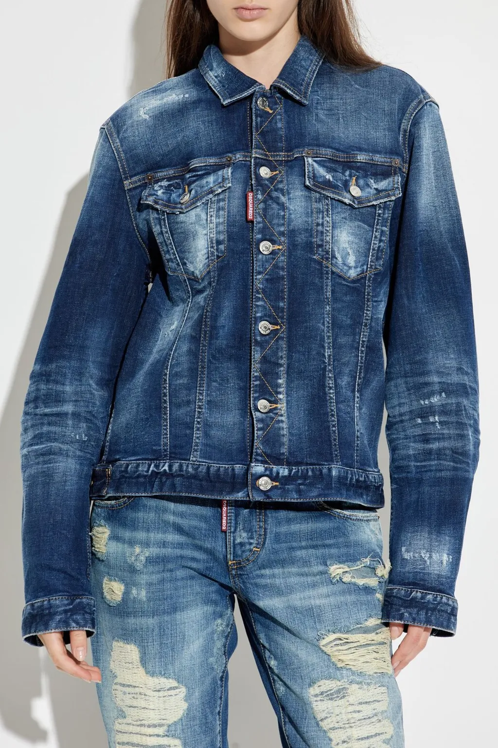 Buttoned Distressed Denim Jacket