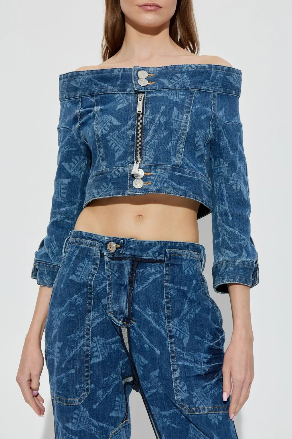 X Vaquera Off-Shoulder Cropped Denim Jacket