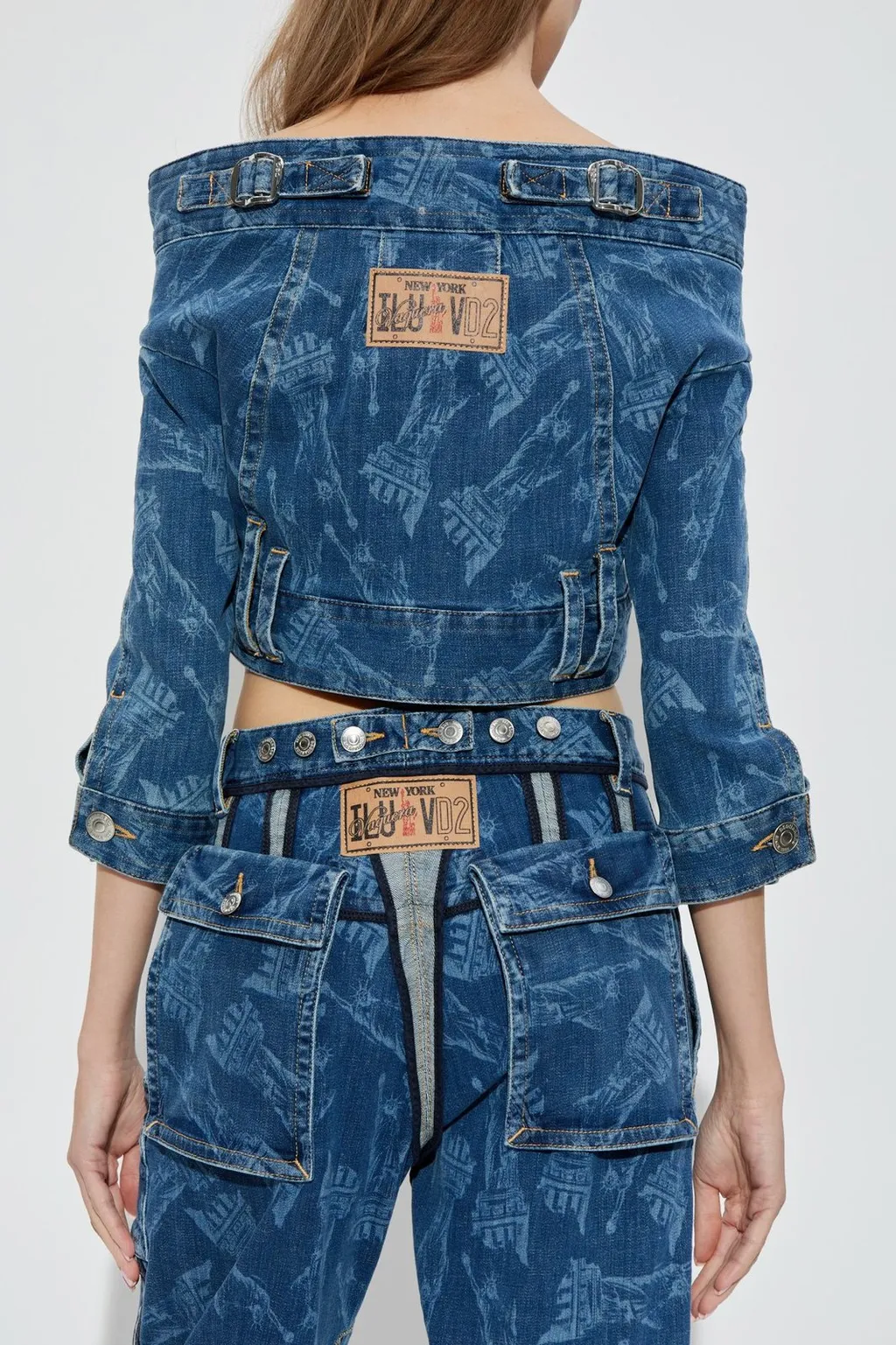 X Vaquera Off-Shoulder Cropped Denim Jacket