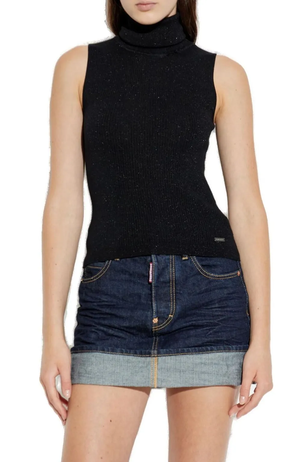 High-Neck Ribbed-Knit Sleeveless Top
