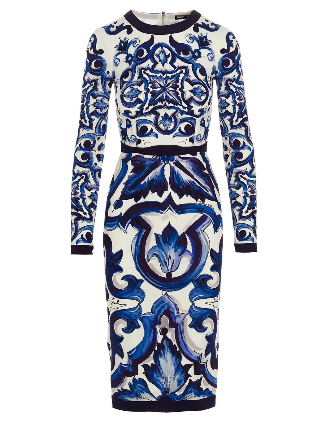 Majolica-Print Long-Sleeved Dress
