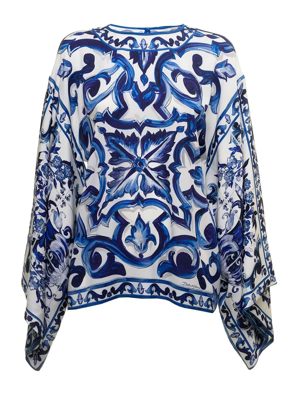 Majolica-Print Round Neck Charmeuse Blouse