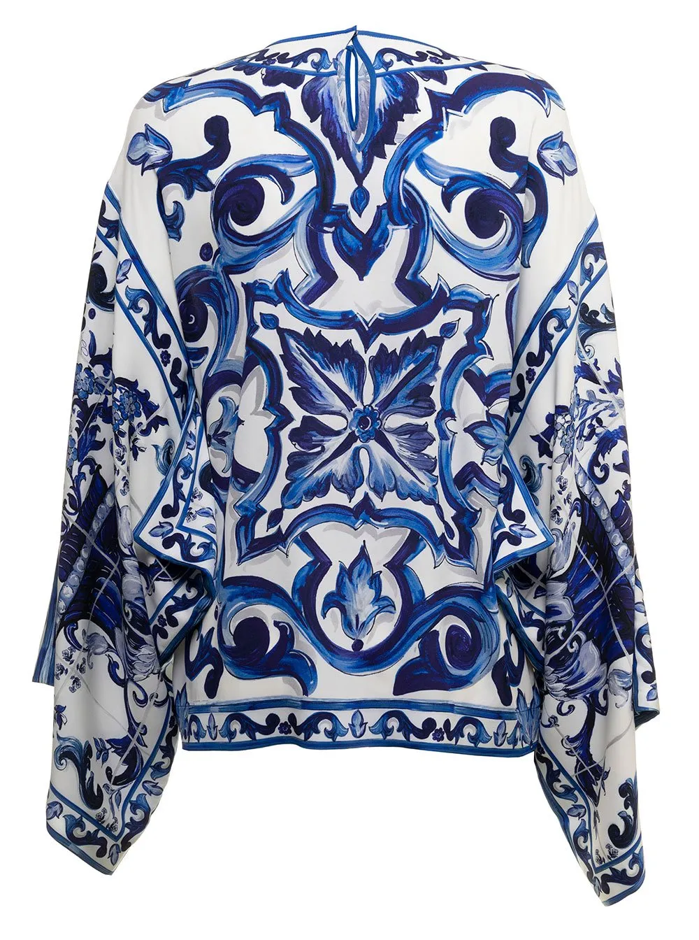 Majolica-Print Round Neck Charmeuse Blouse
