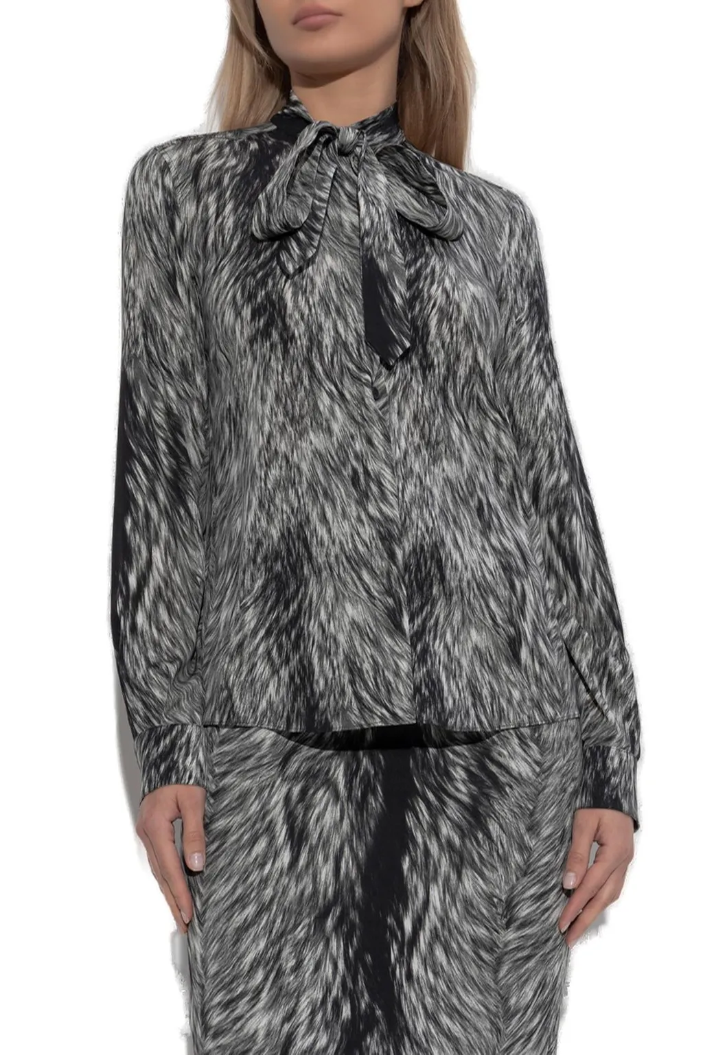 Fur Printed Pussy-Bow Charmeuse Shirt