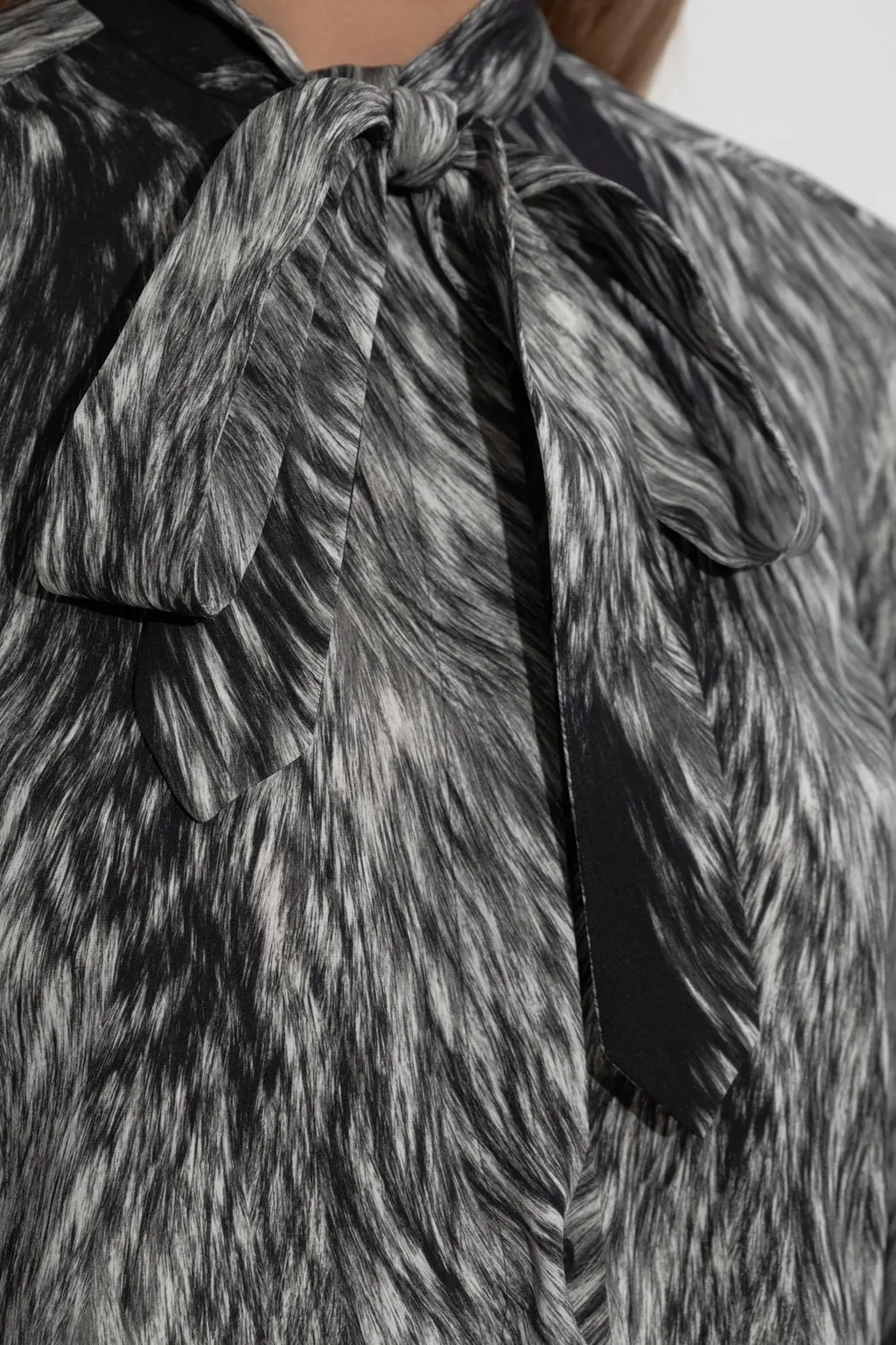Fur Printed Pussy-Bow Charmeuse Shirt