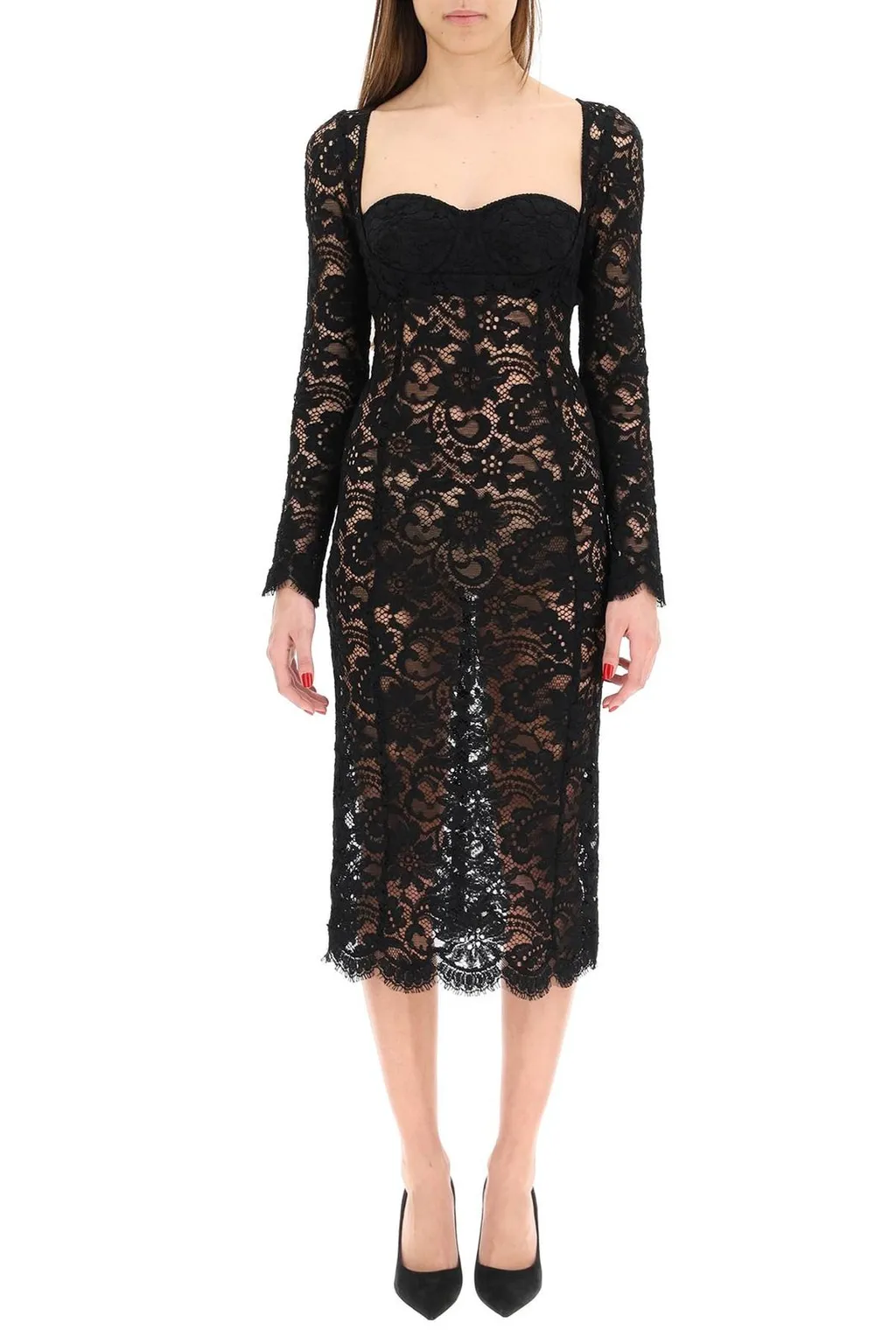 Lace Long-Sleeved Midi Dress