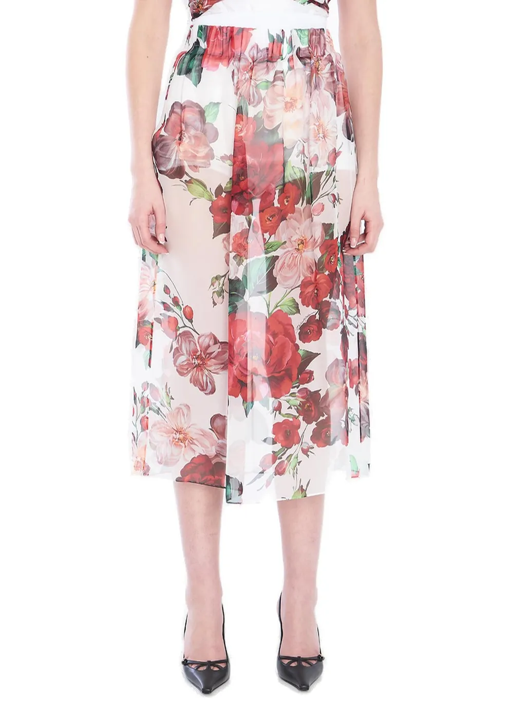 Rose Printed Chiffon Calf-Length Skirt
