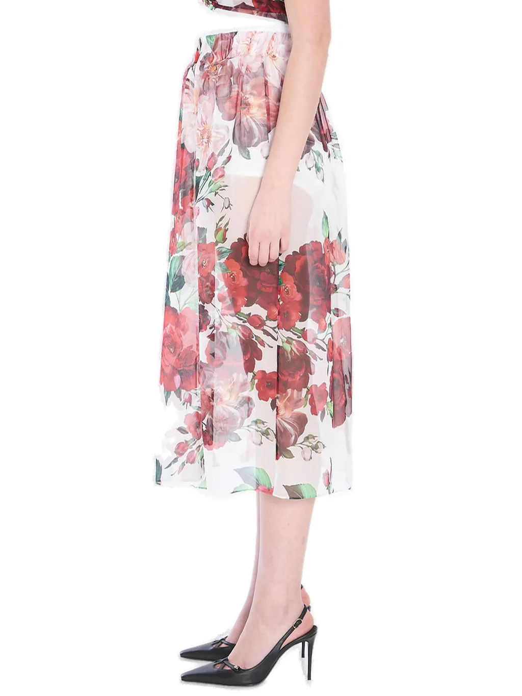 Rose Printed Chiffon Calf-Length Skirt