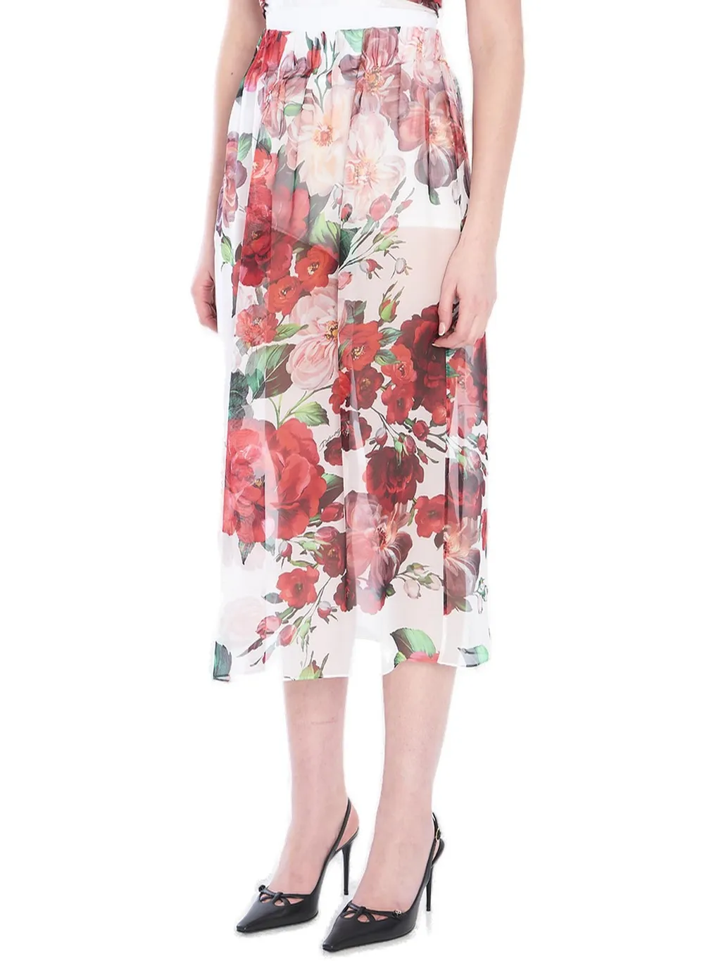 Rose Printed Chiffon Calf-Length Skirt