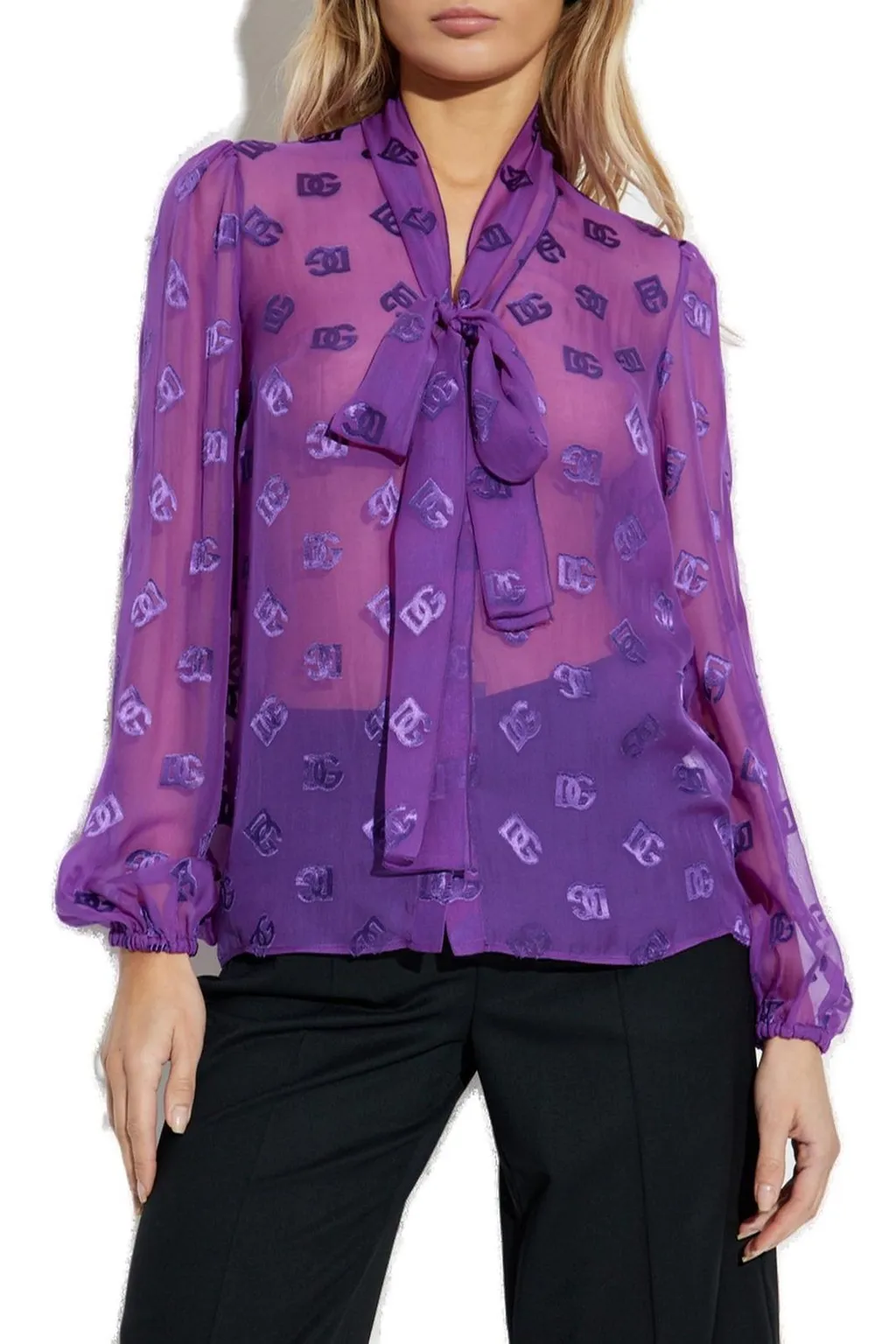 Logo-Jacquard Semi-Sheer Bow Blouse