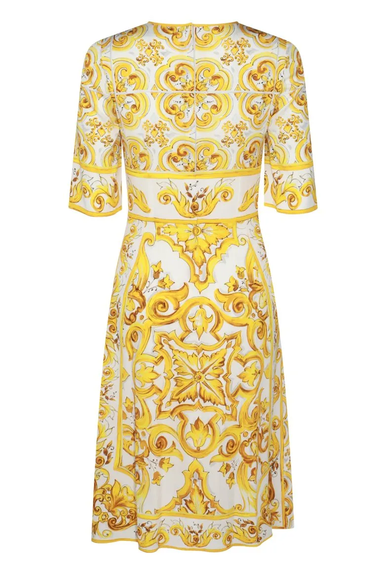 Majolica-Print Round Neck Midi Dress