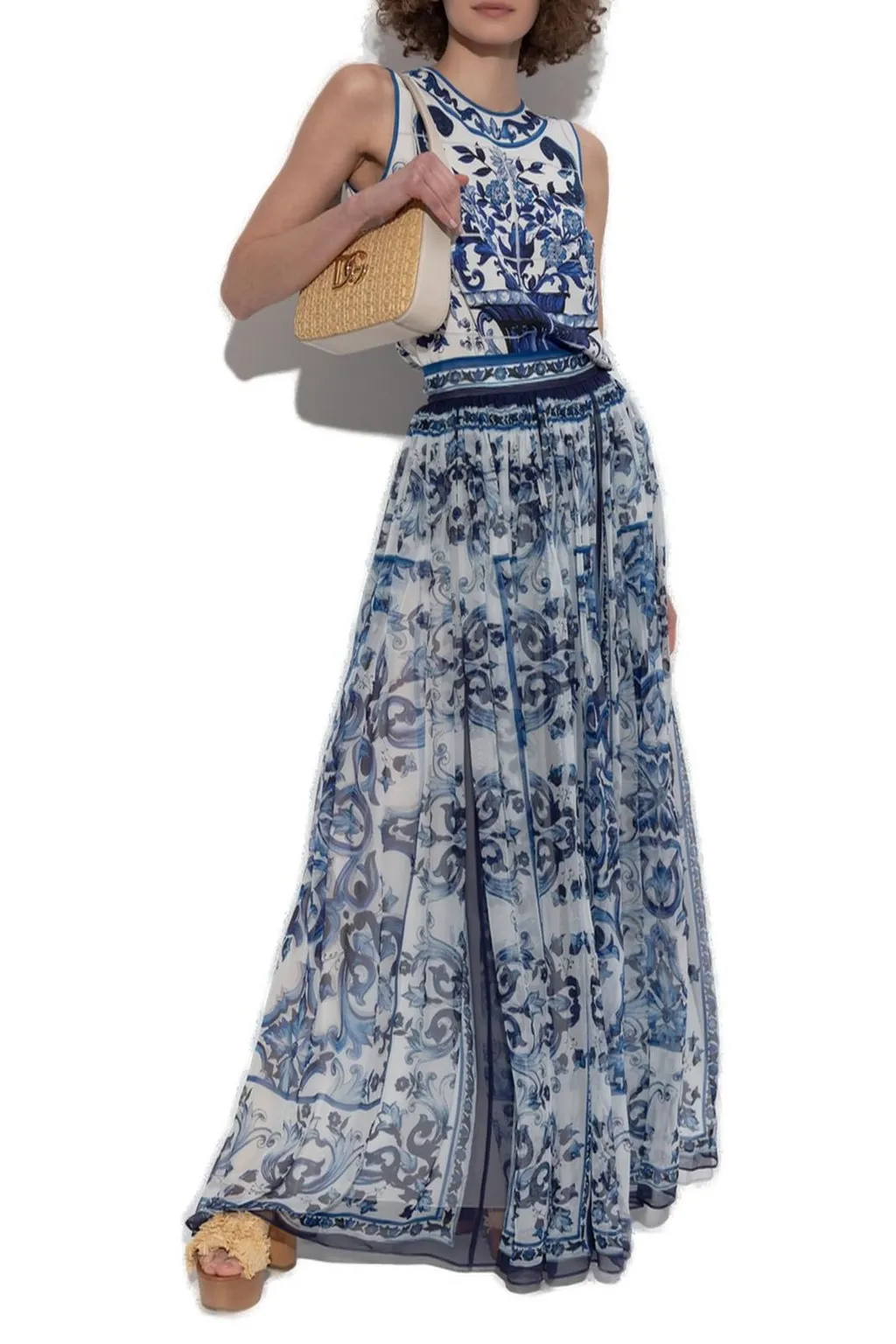 Long Majolica-Printed Chiffon Skirt
