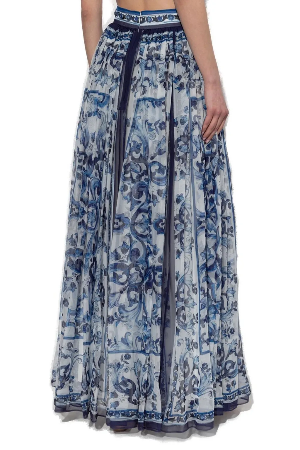 Long Majolica-Printed Chiffon Skirt
