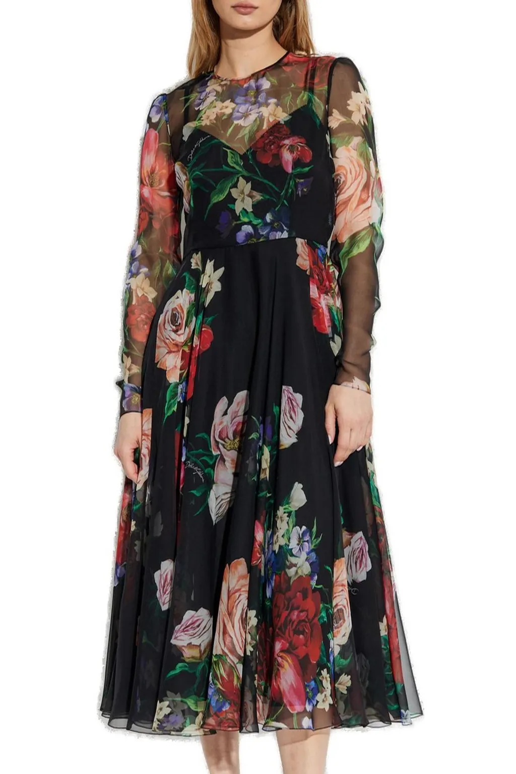 Floral Printed Chiffon Calf-Length Dress