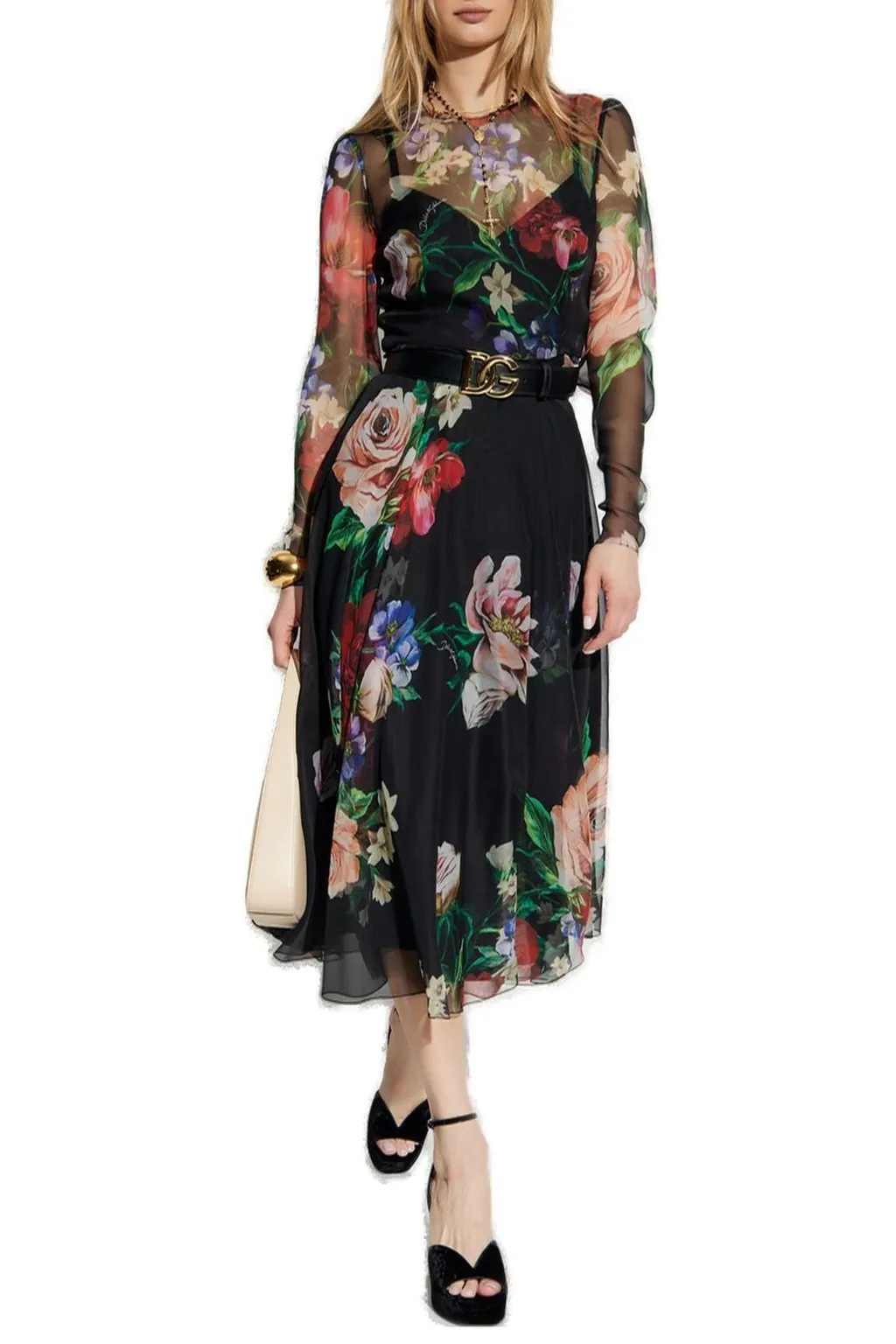 Floral Printed Chiffon Calf-Length Dress