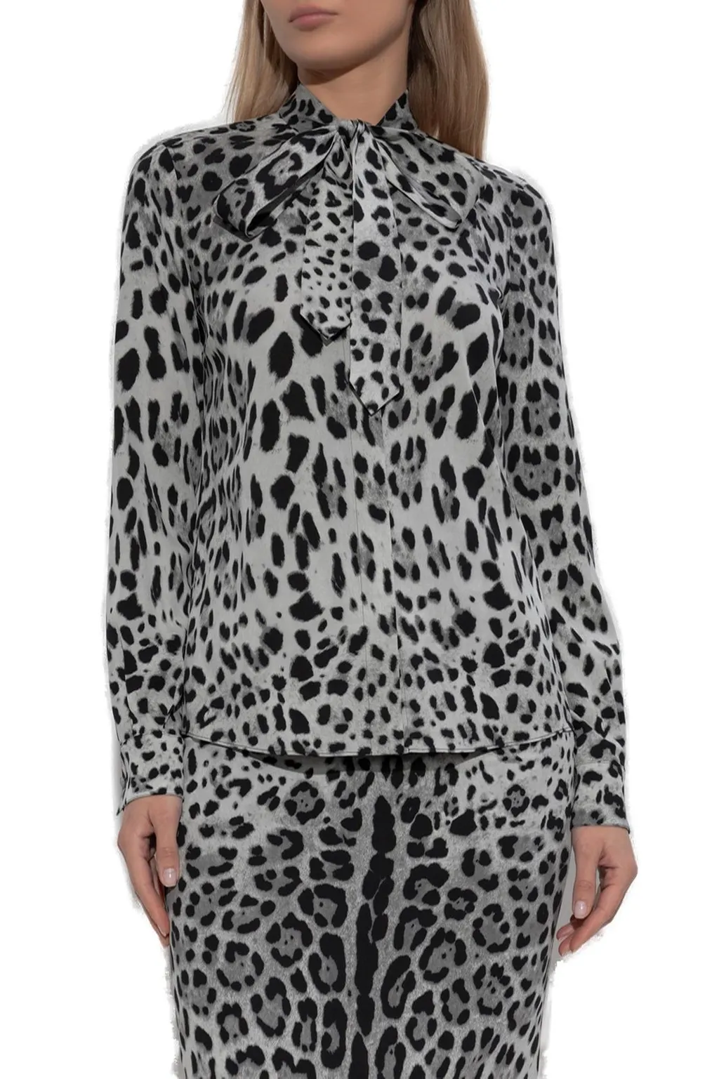 Leopard Printed Pussy-Bow Charmeuse Shirt