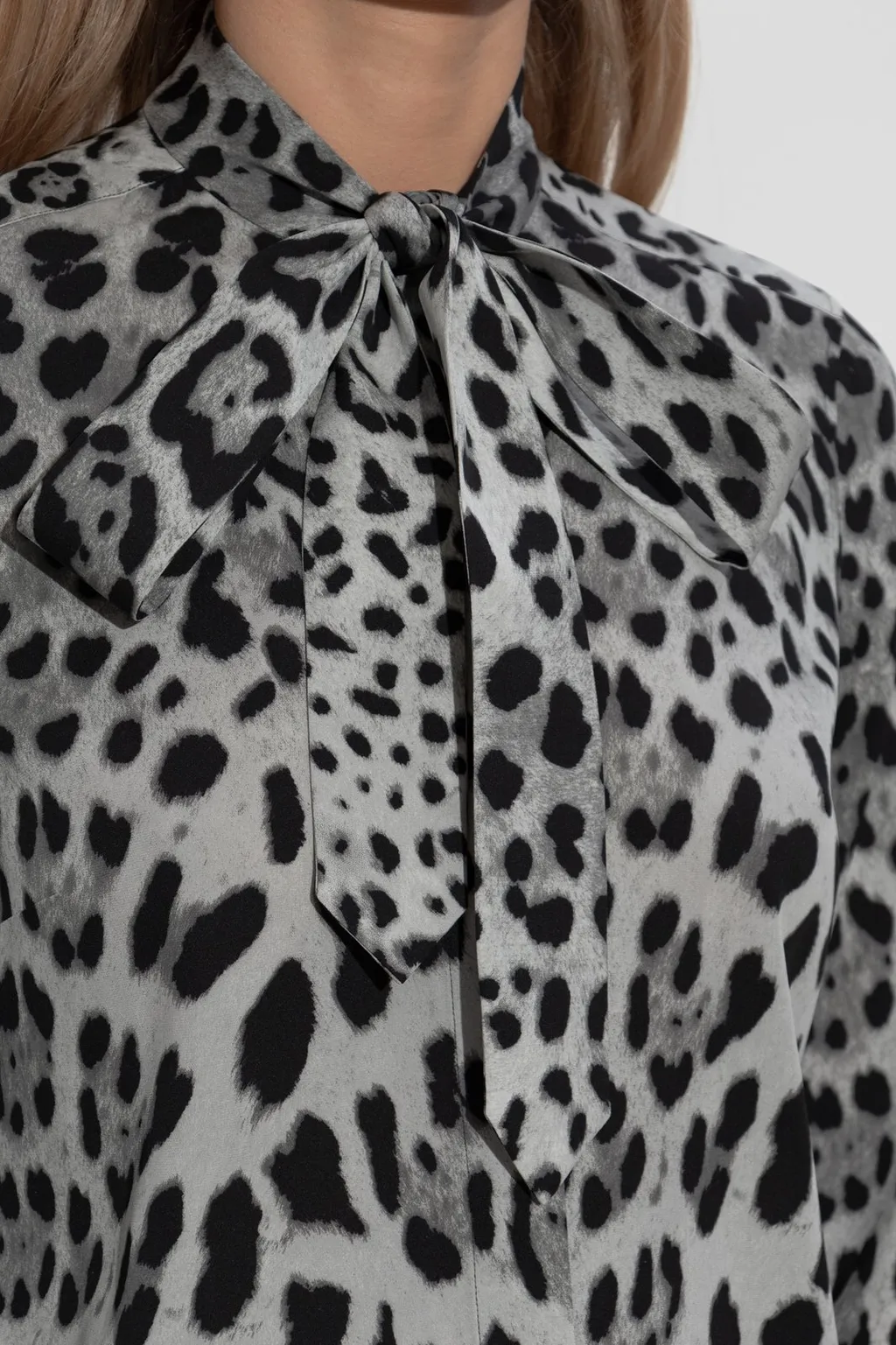 Leopard Printed Pussy-Bow Charmeuse Shirt