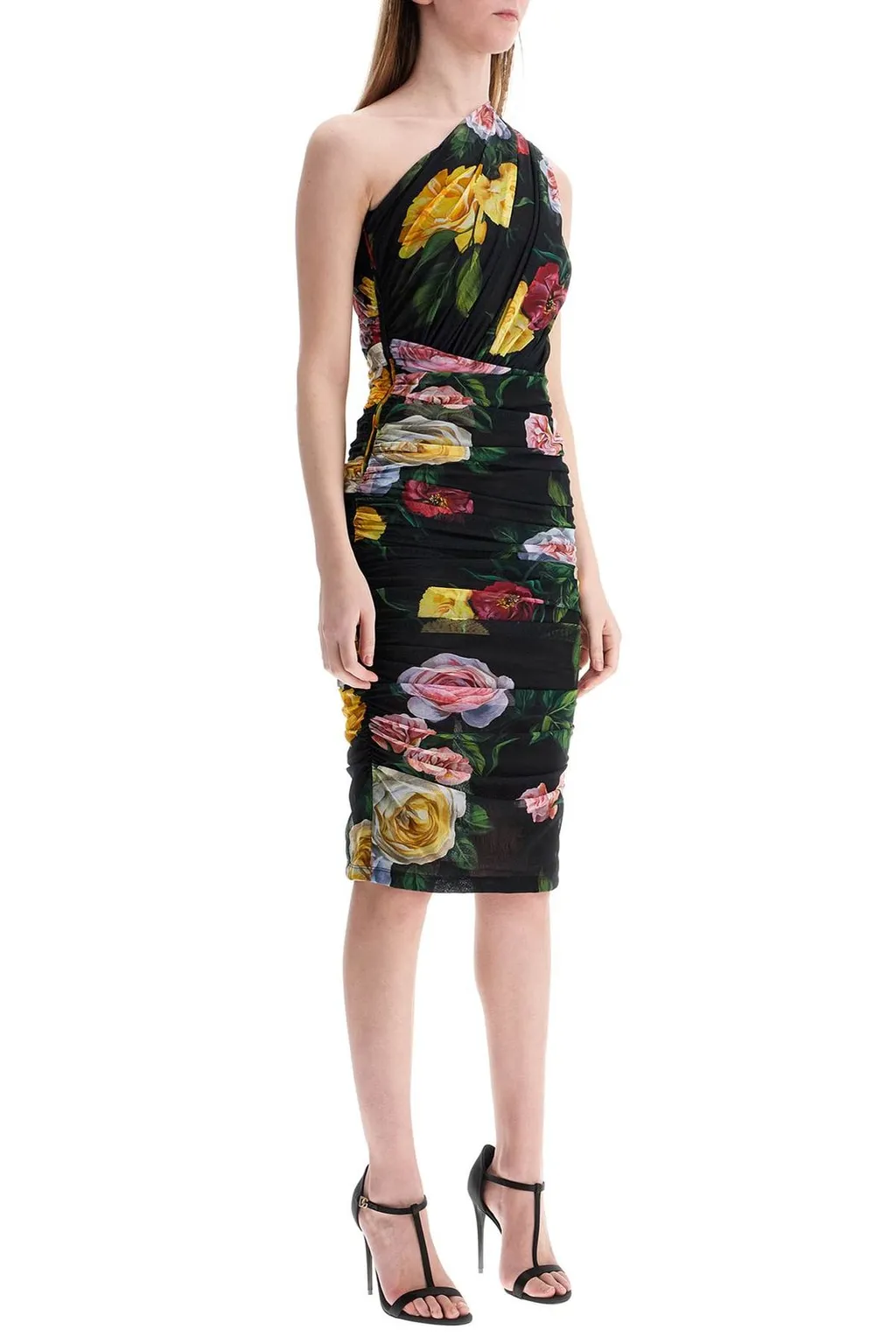 Floral Printed Asymmetric Neck Midi Dress
