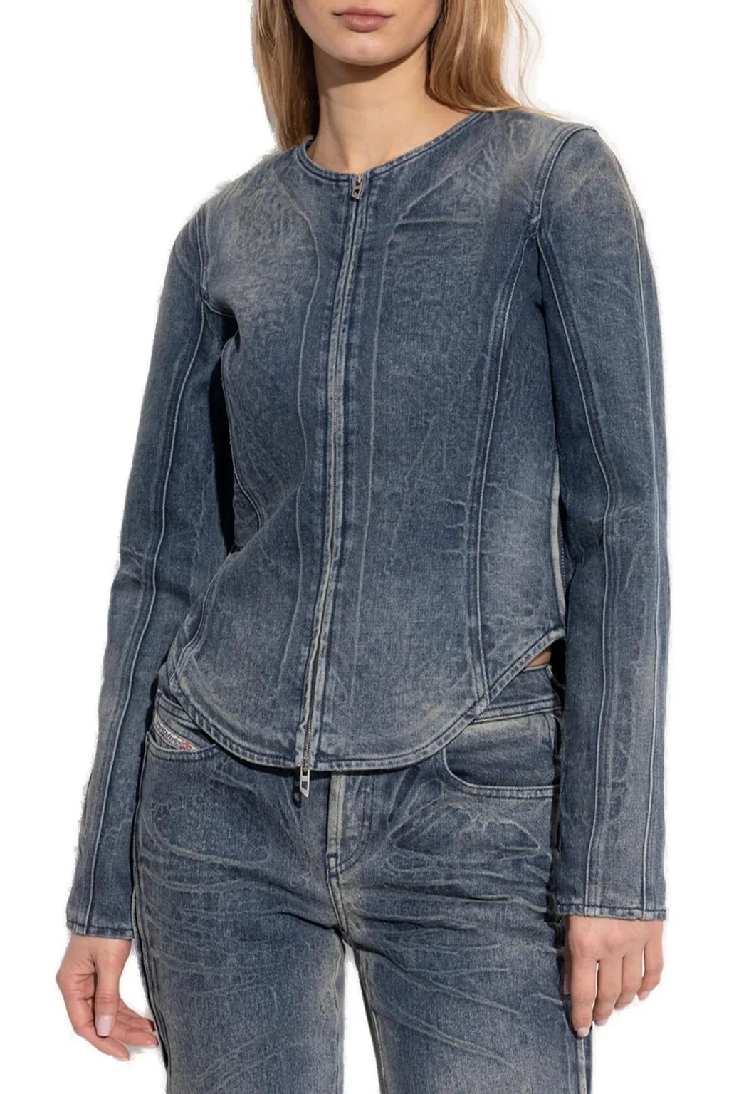 Round Neck Zip-Up Denim Jacket