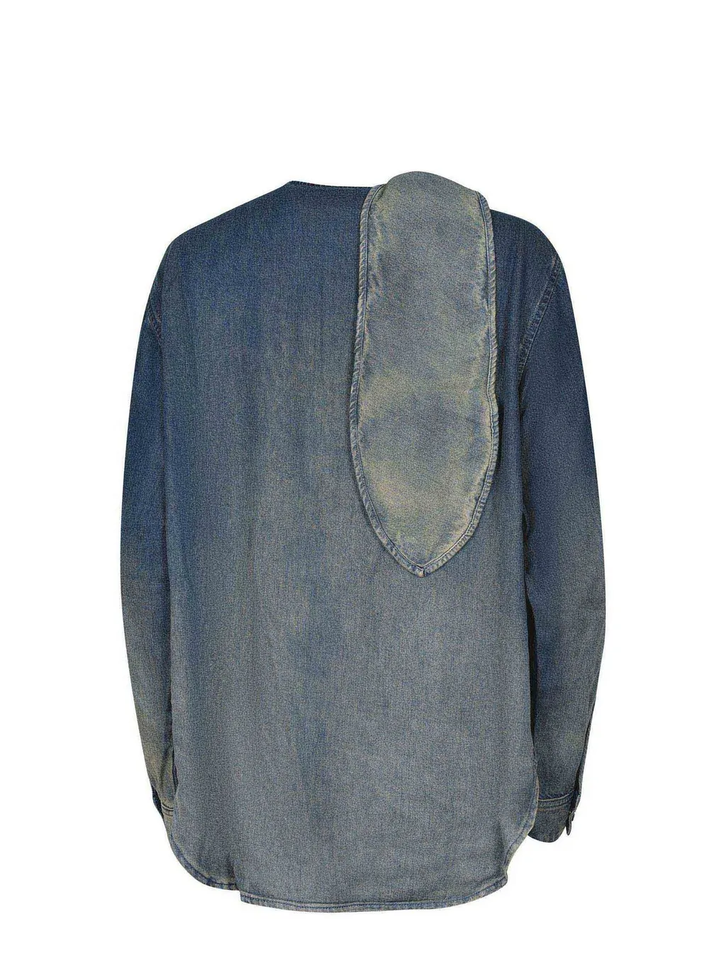 Tie-Neck Curved Hem Denim Blouse