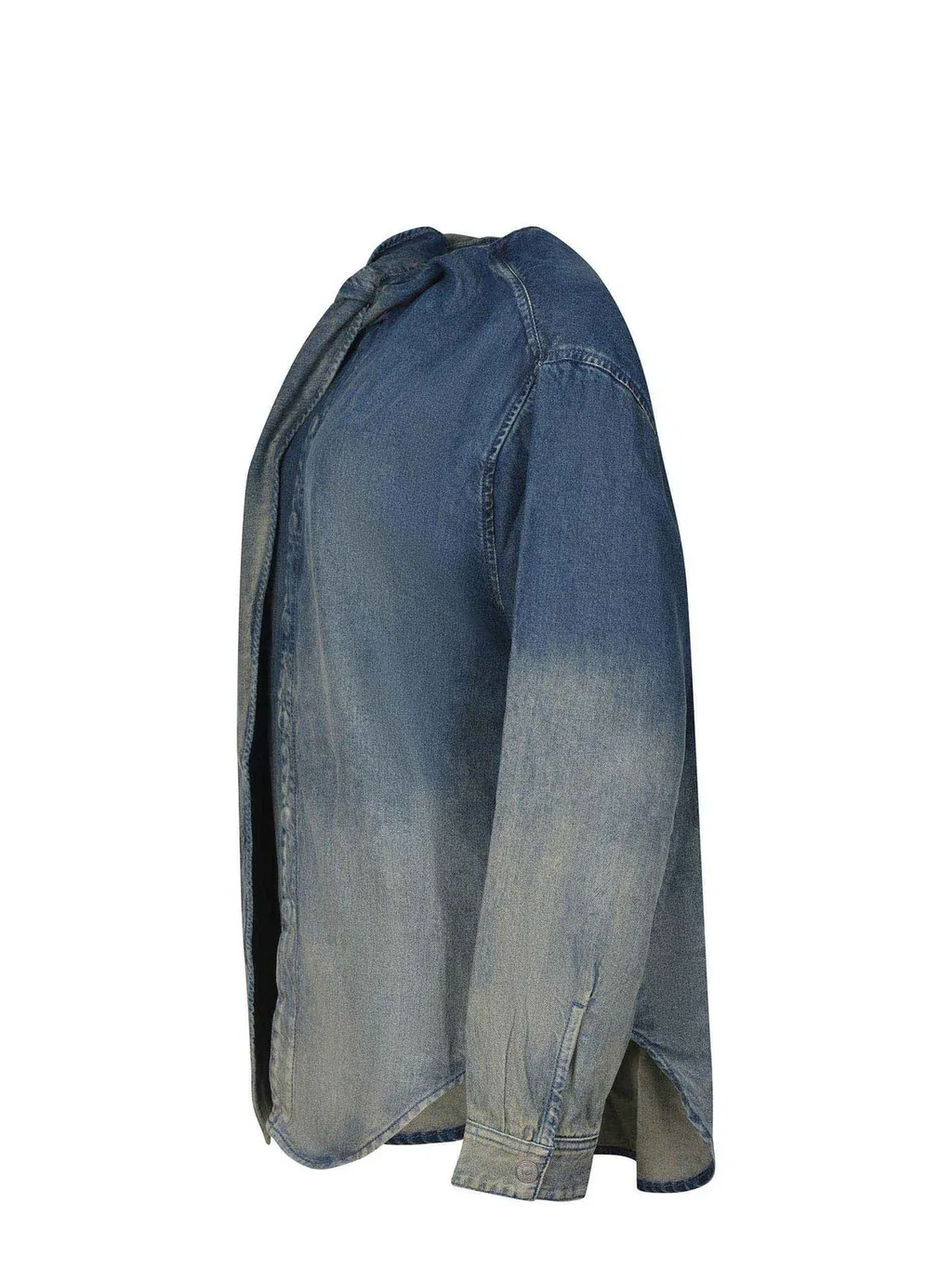 Tie-Neck Curved Hem Denim Blouse