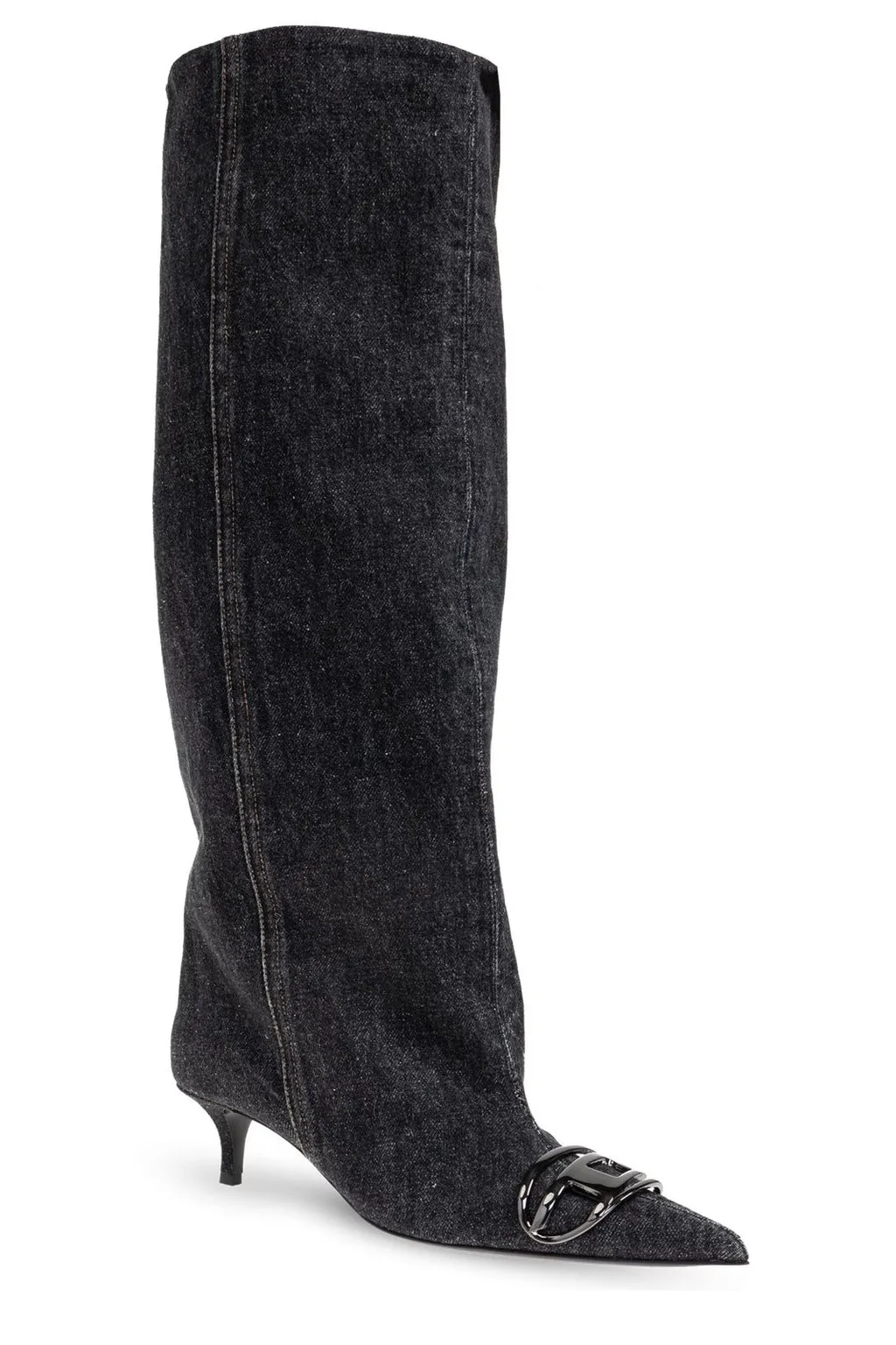 D-Venus Logo Plaque Pointed-Toe Denim Boots