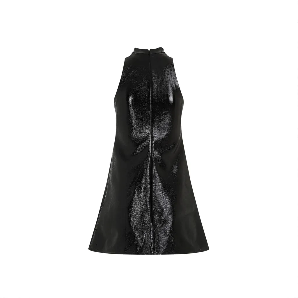 Mock-Neck Sleeveless Vinyl A-Line Dress