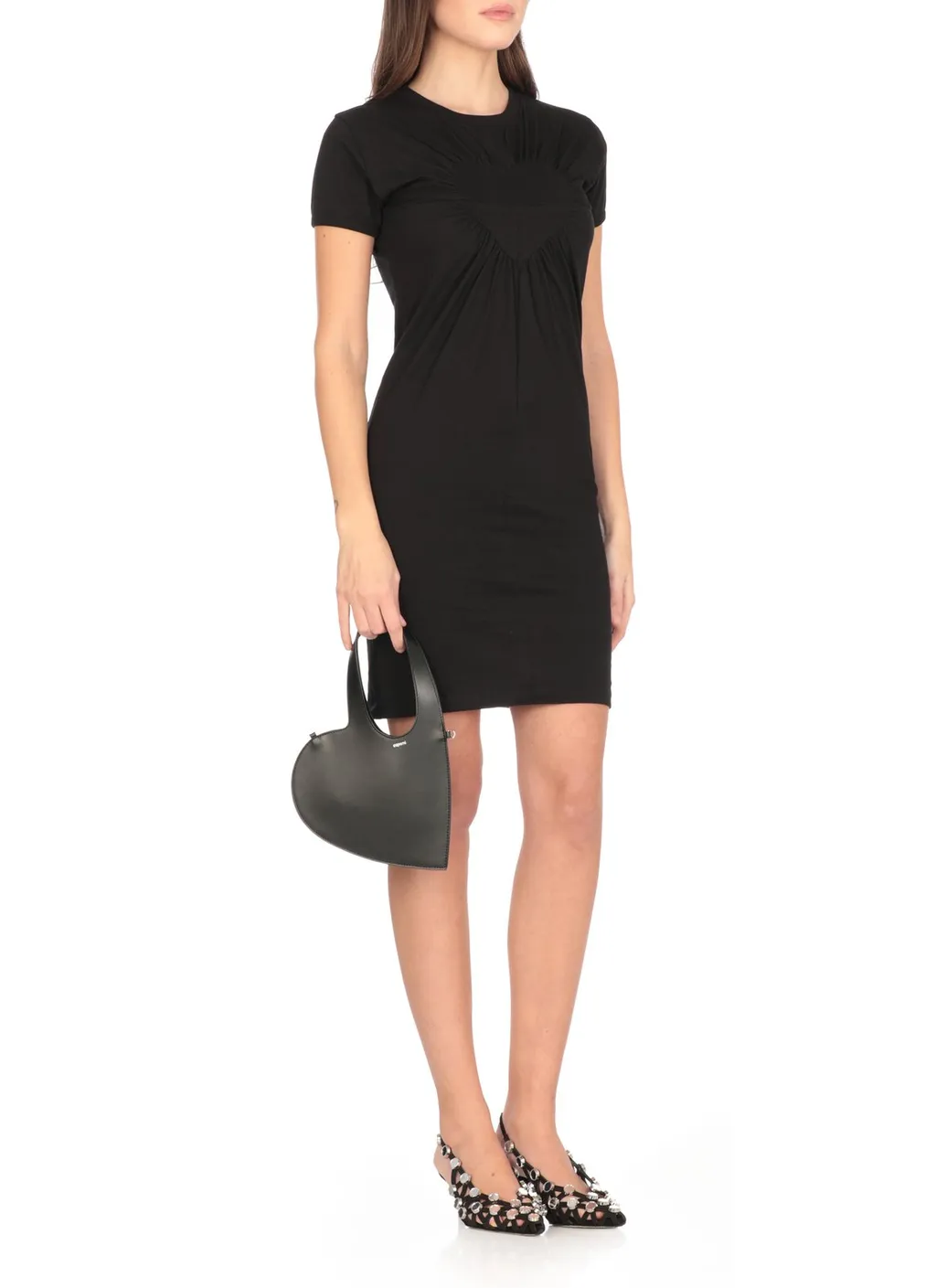 Gathered Heart-Motif Crewneck Mini Dress