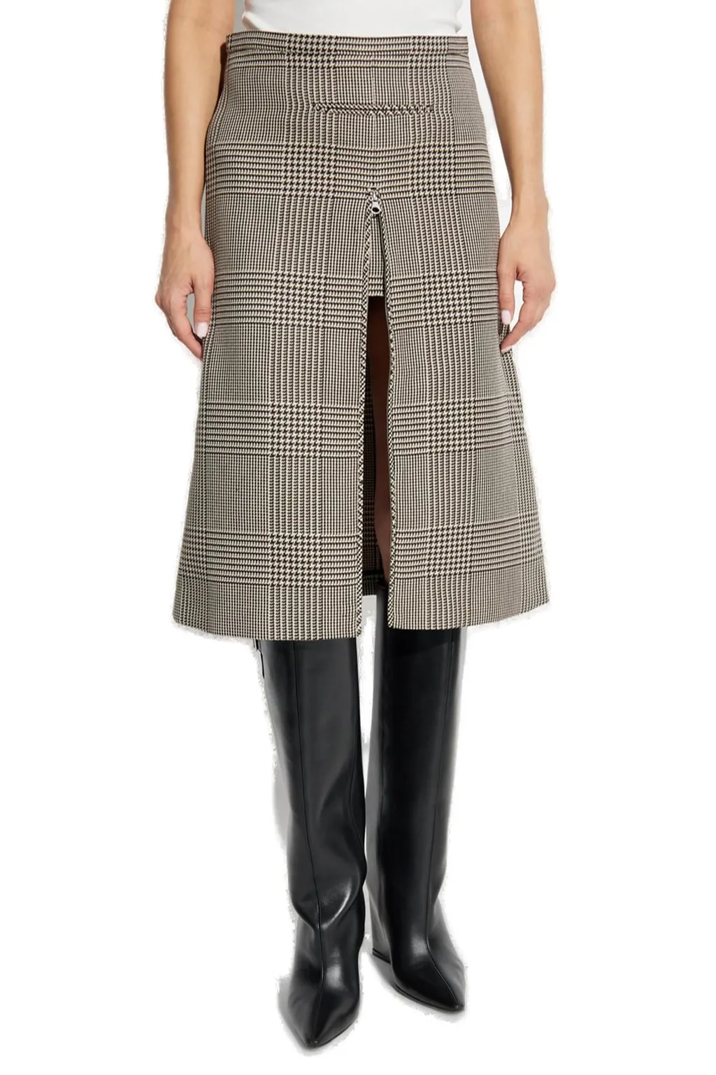 Zip-Detailed A-Line Checked Midi Skirt