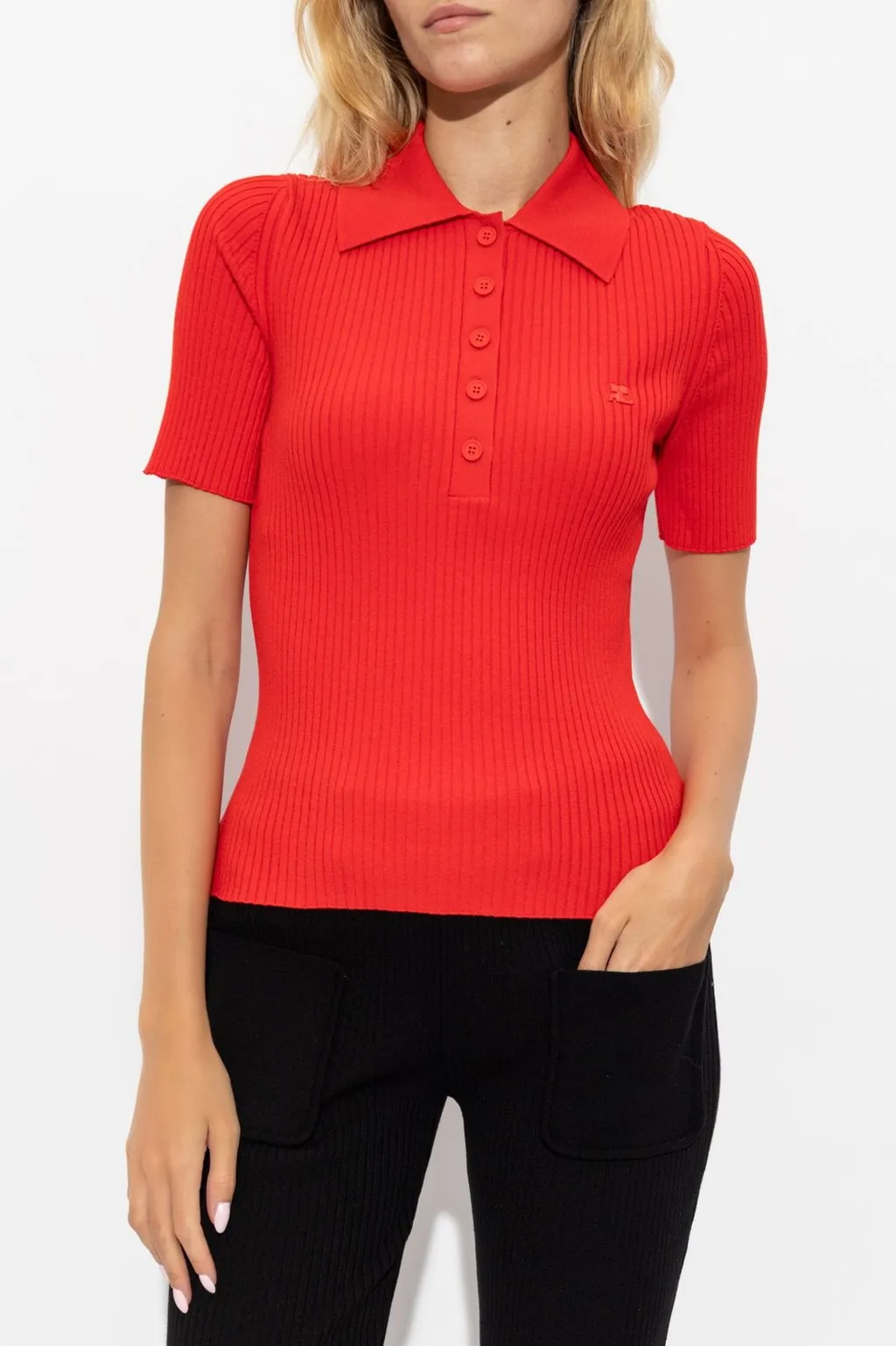 Logo Patch Ribbed Shirt-Sleeve Polo Shirt