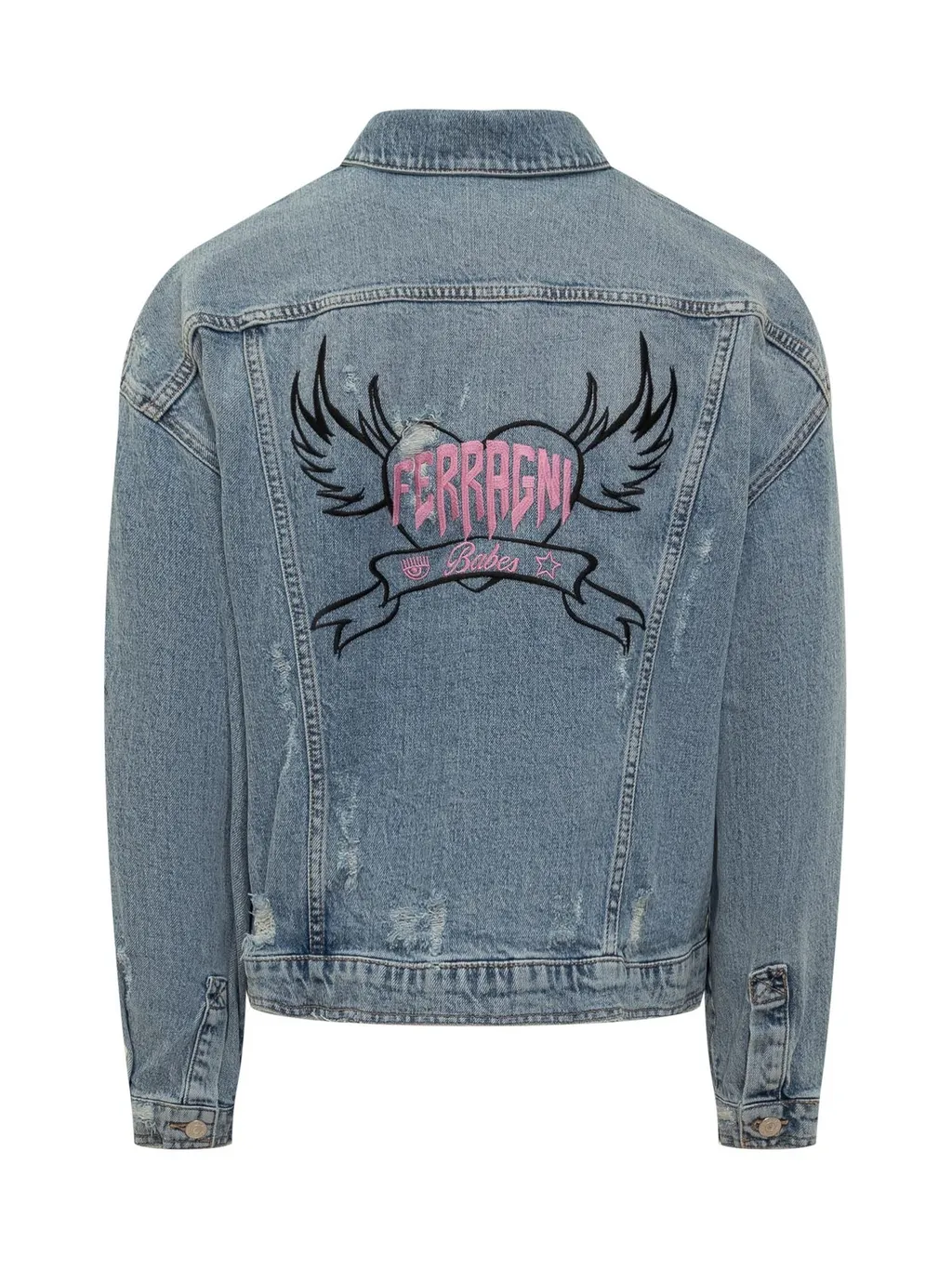 Logo Embroidered Distressed Denim Jacket