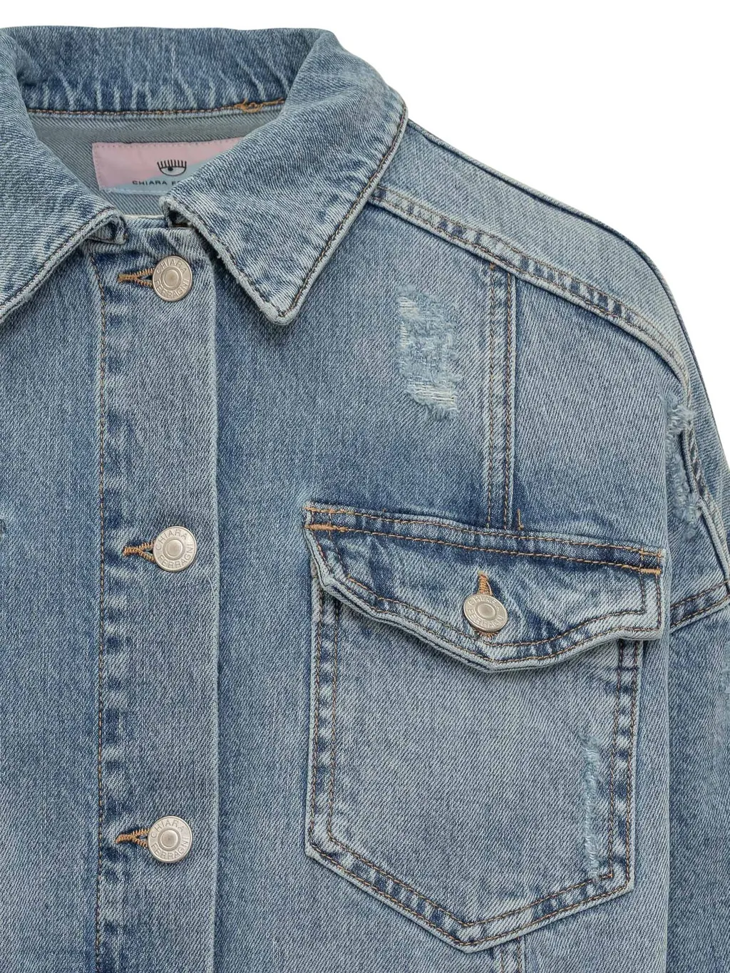 Logo Embroidered Distressed Denim Jacket