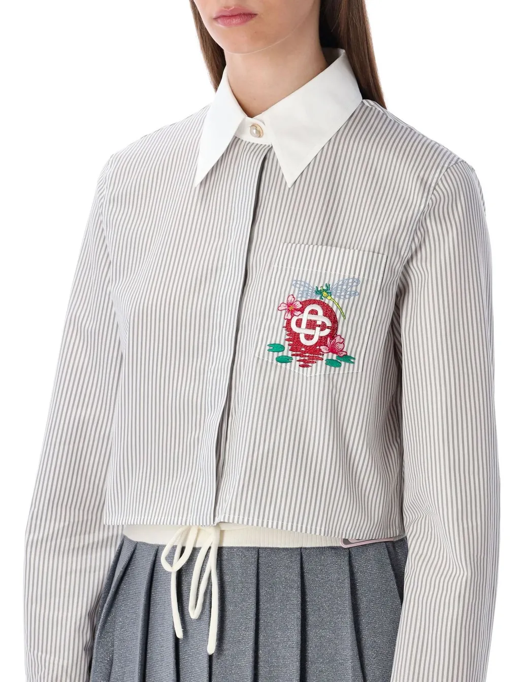 Pinstripe Embroidered Cropped Shirt