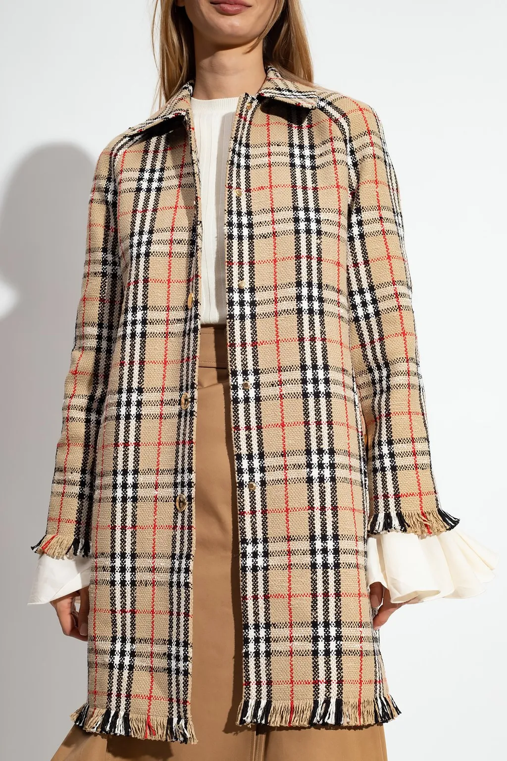 Checked Fringed-Edge Buttoned Coat