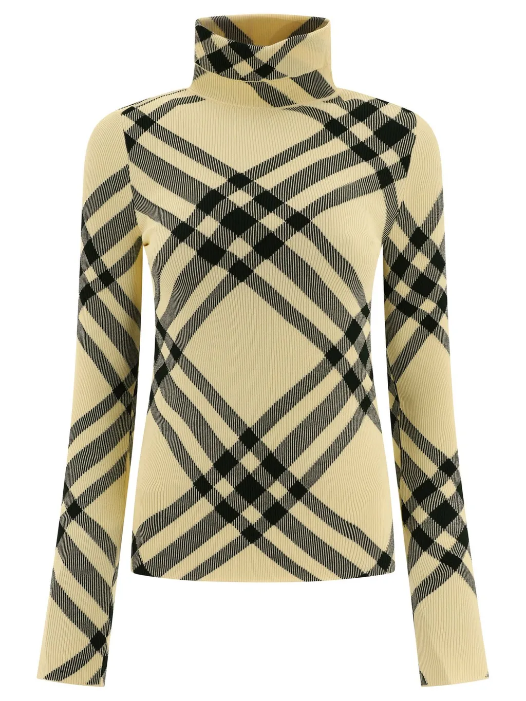 Check-Pattern High-Neck Knitted Jumper