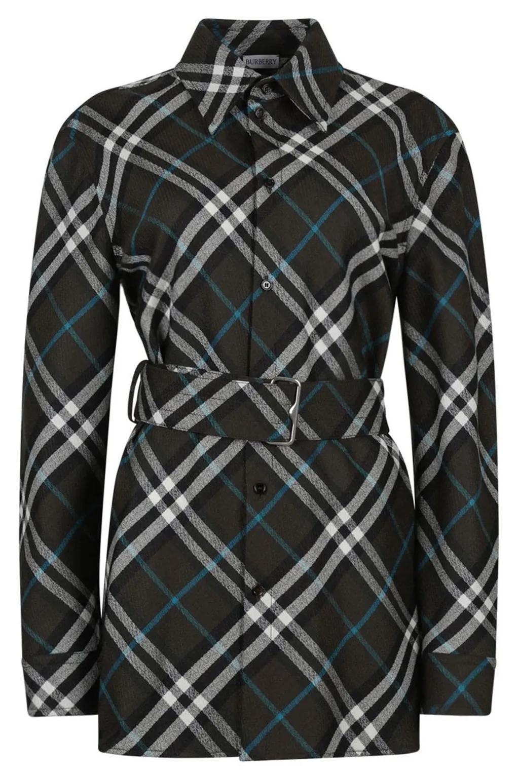 Check-Pattern Buttoned Belted Shirt