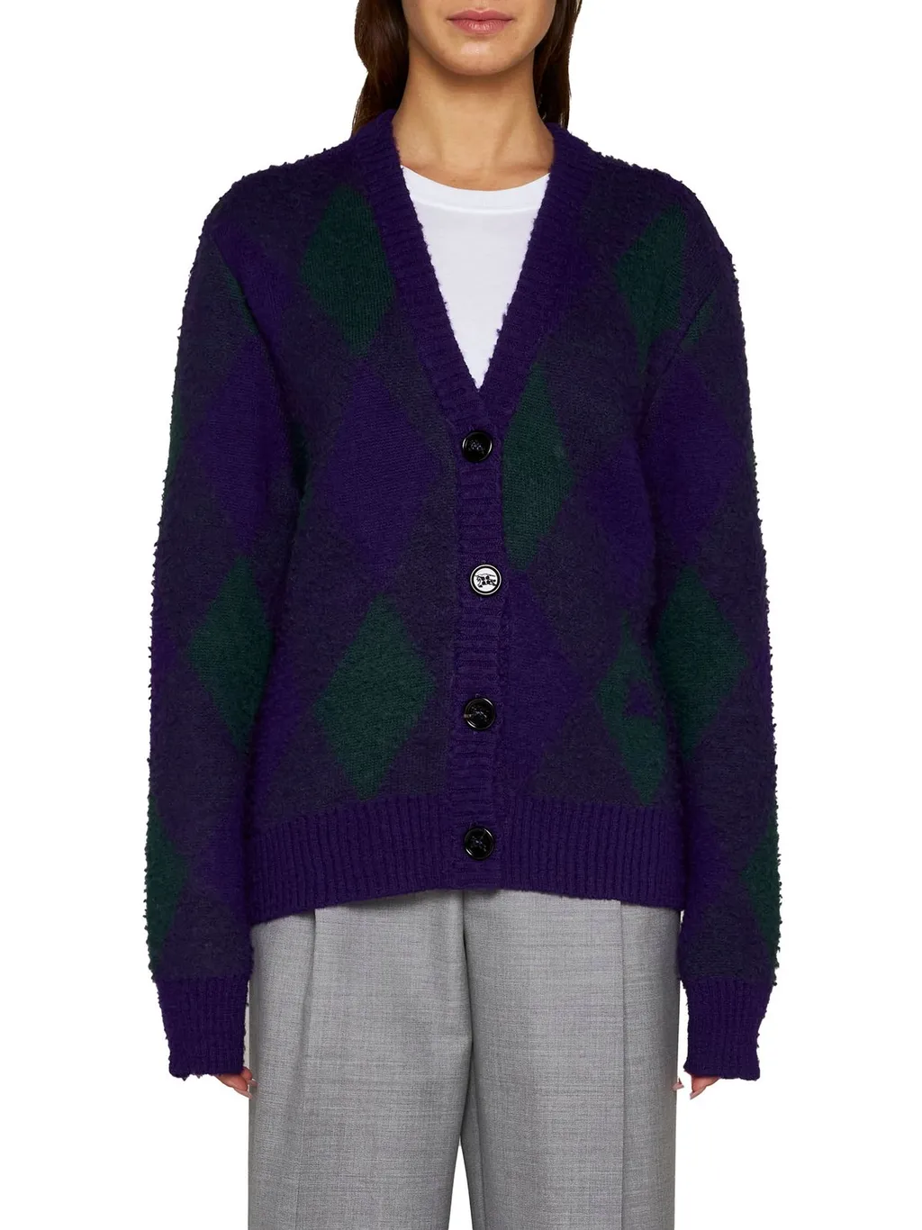 Argyle-Intarsia-Knit V-Neck Cardigan