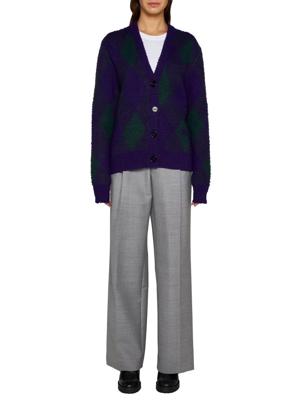 Argyle-Intarsia-Knit V-Neck Cardigan