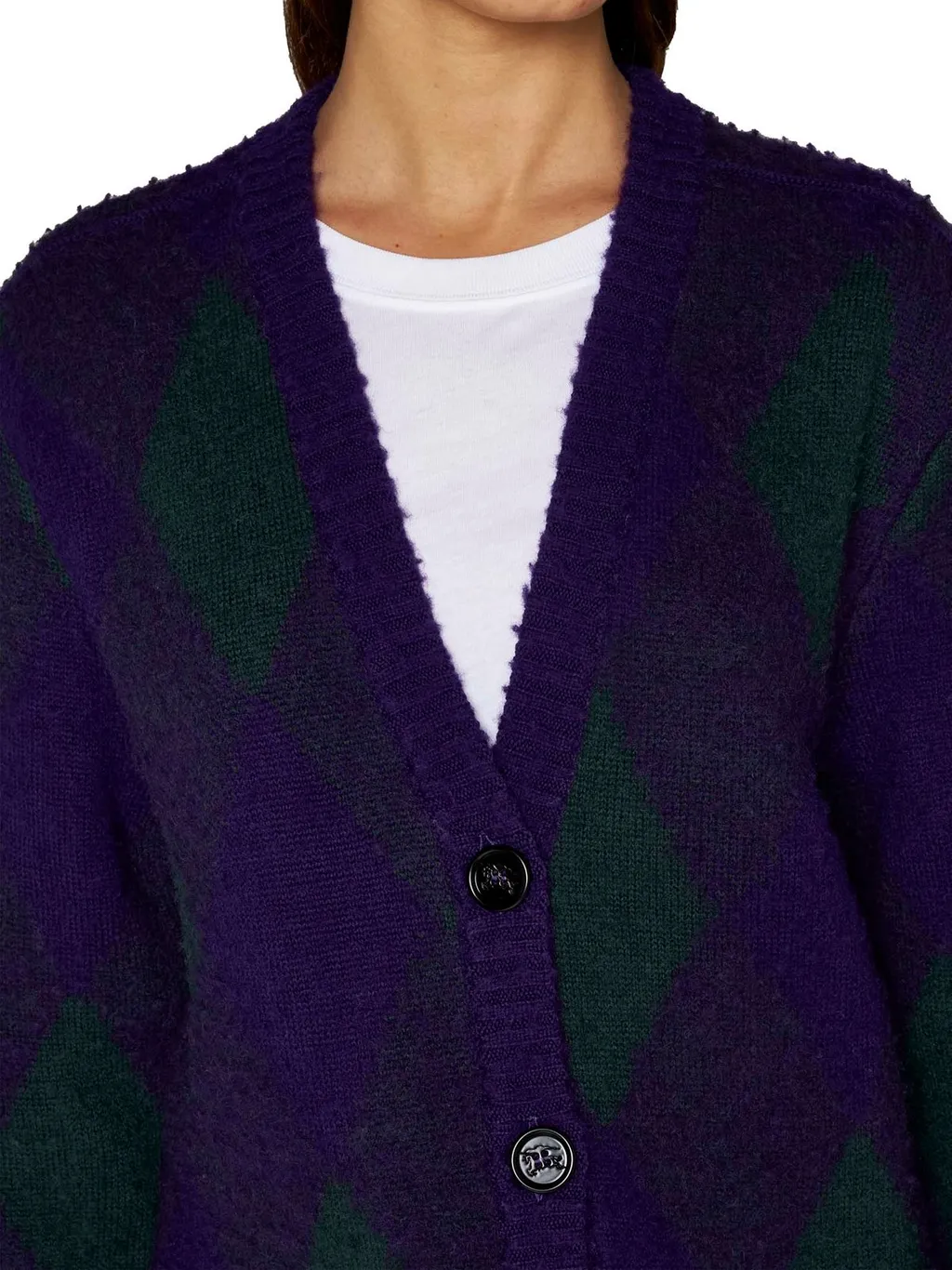 Argyle-Intarsia-Knit V-Neck Cardigan