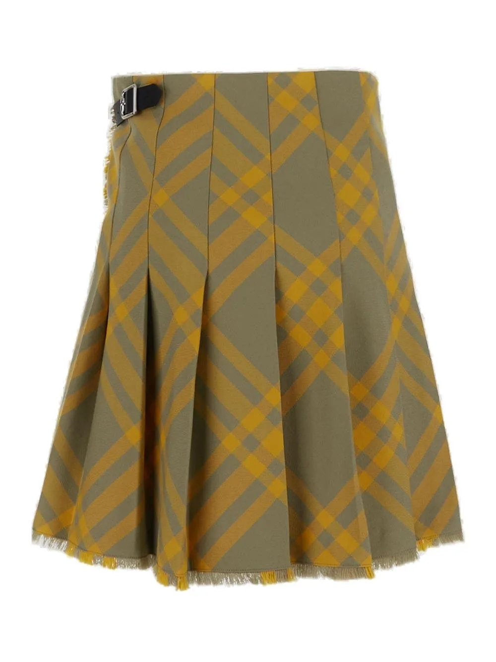 Check-Pattern Pleated Frayed Skirt