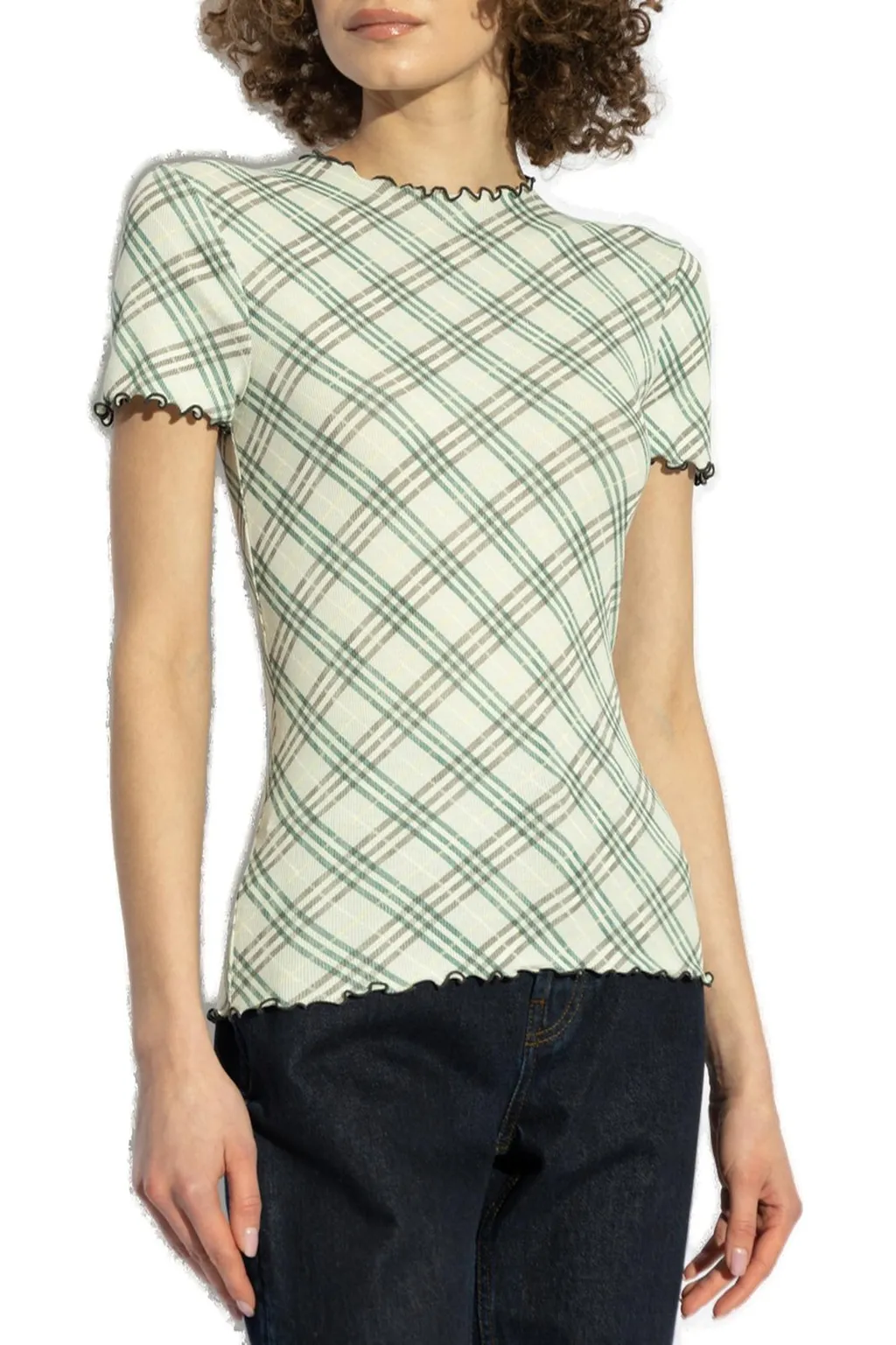 Checked Lettuce Hem Crewneck T-Shirt