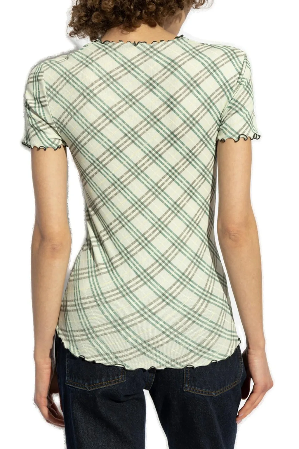 Checked Lettuce Hem Crewneck T-Shirt