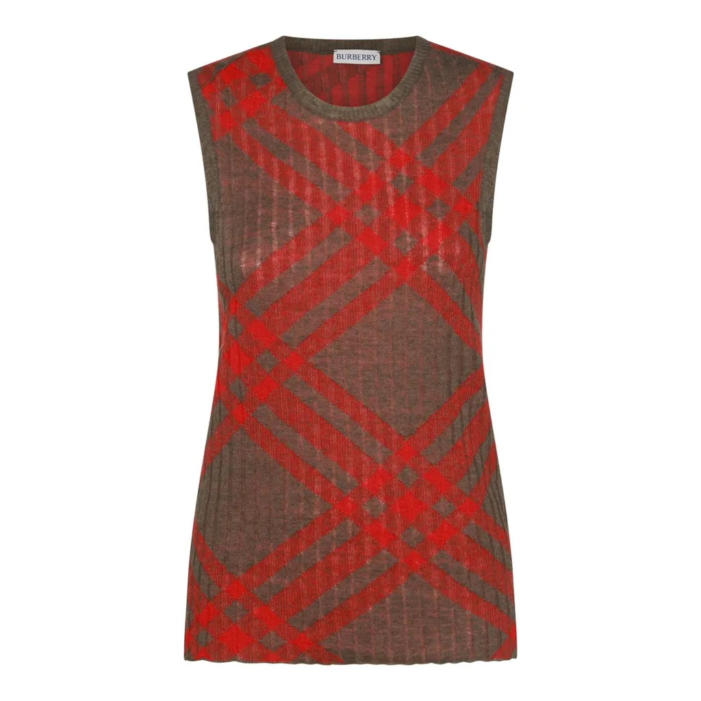 Check-Pattern Ribbed-Knit Sleeveless Top