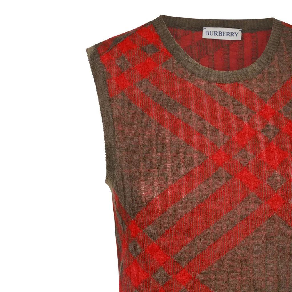 Check-Pattern Ribbed-Knit Sleeveless Top