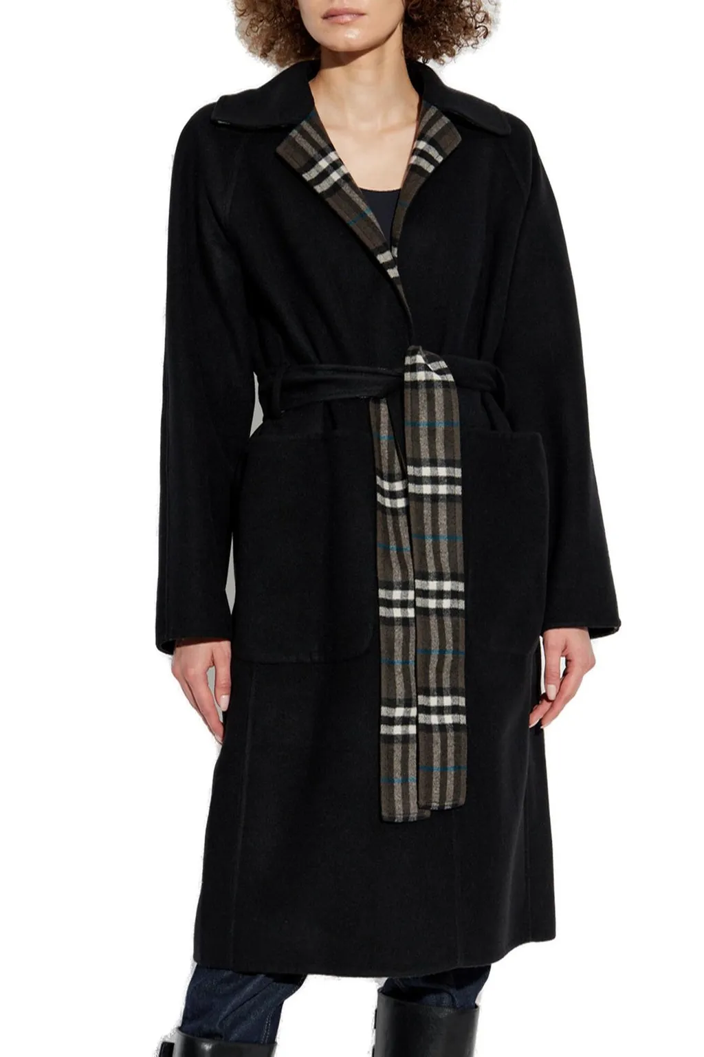 Reversible Checked Tied-Waist Wrap Coat