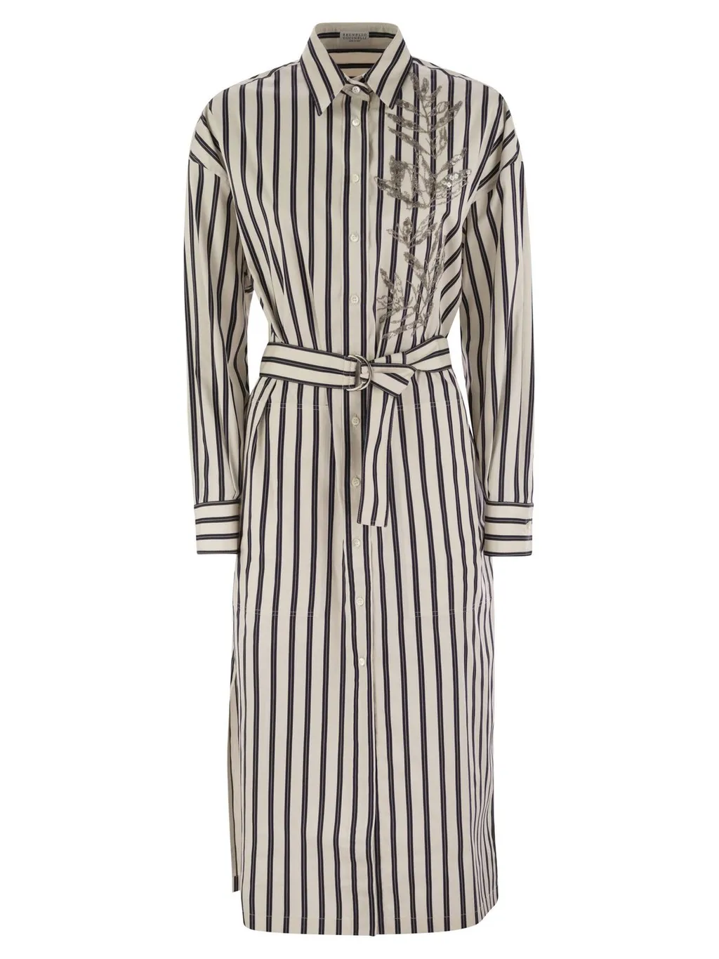 Floral-Embroidered Belted Shirt Dress