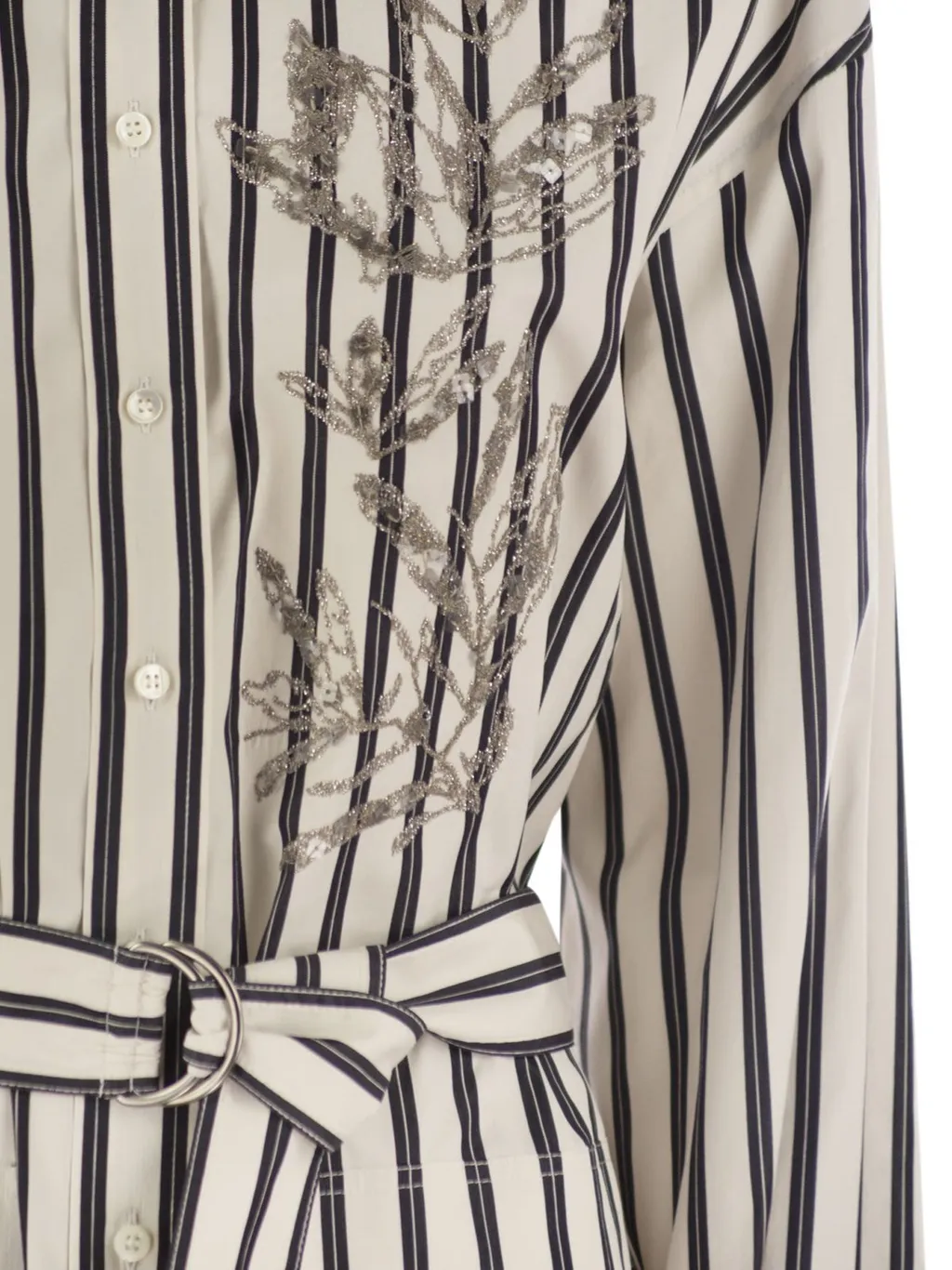Floral-Embroidered Belted Shirt Dress