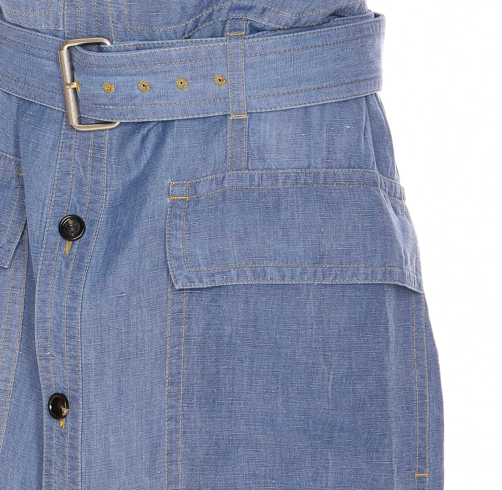 Belted Waist Denim Midi Dress