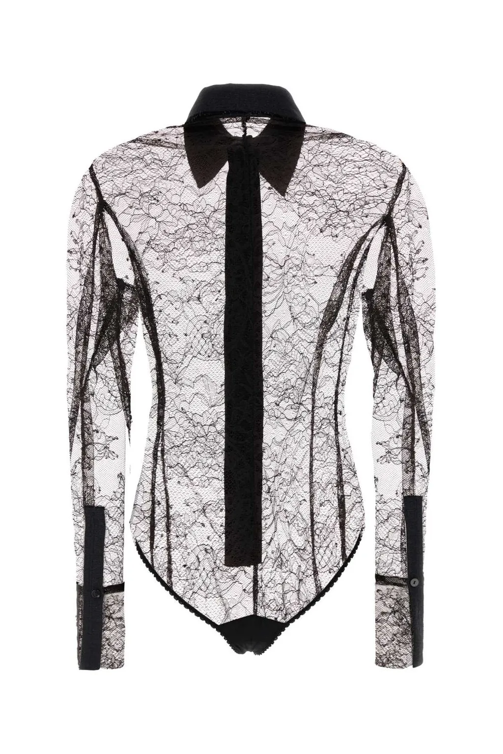 Sheer Lace-Panelled Shirt Bodysuit