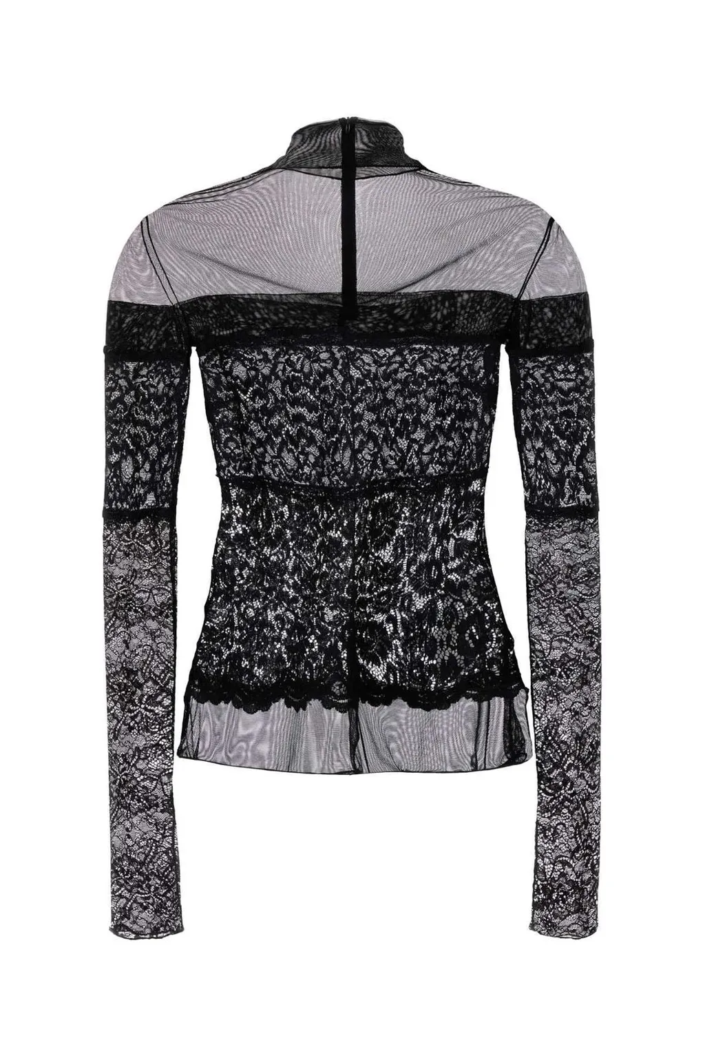 Sheer-Lace Rear Zipped Mock-Neck Top